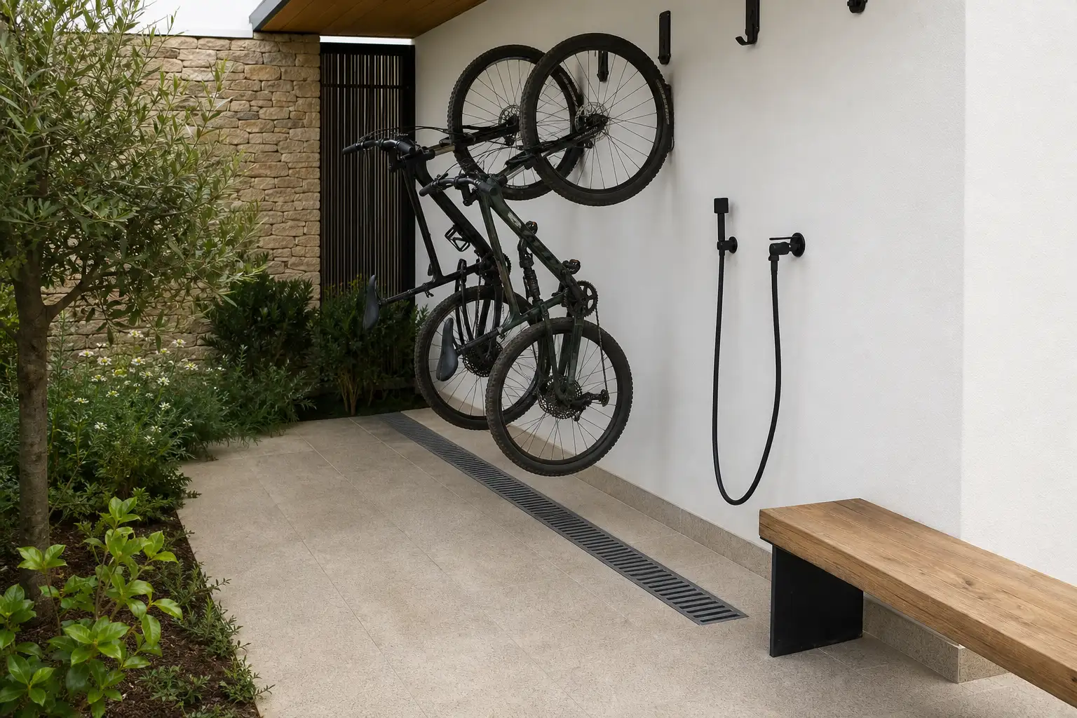 Zona exterior organizada para guardar e lavar bicicletas numa moradia portuguesa