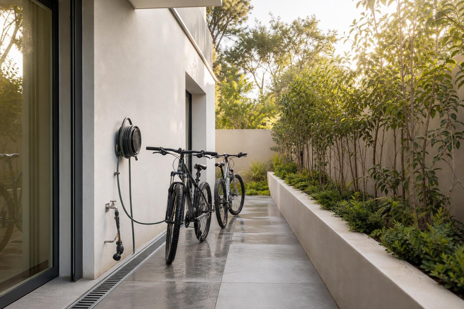 Ponto de lavagem exterior para bicicletas junto a uma moradia, com pavimento antiderrapante e drenagem
