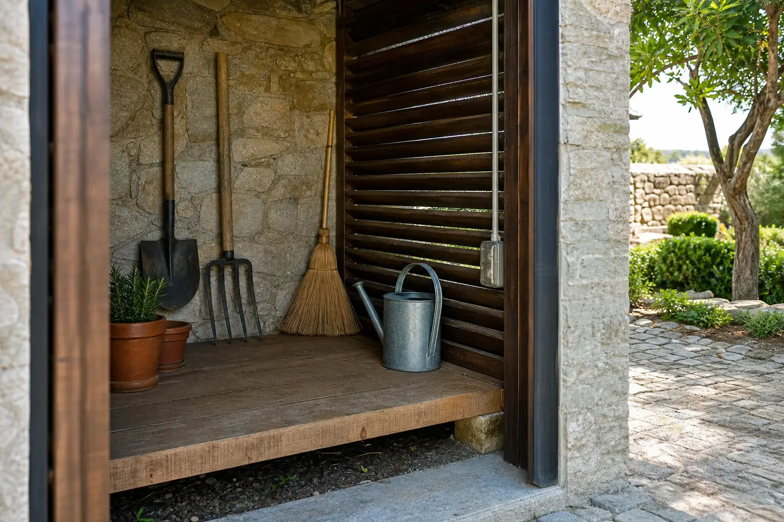 Interior organizado de um abrigo para ferramentas de jardim com suportes de parede, prateleiras elevadas e zona elétrica protegida.