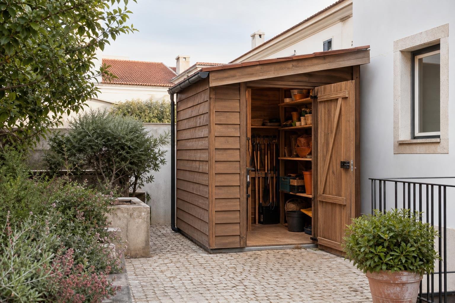 Abrigo exterior de jardim com revestimento de madeira, cobertura inclinada e acesso pavimentado junto a uma moradia em Lisboa.