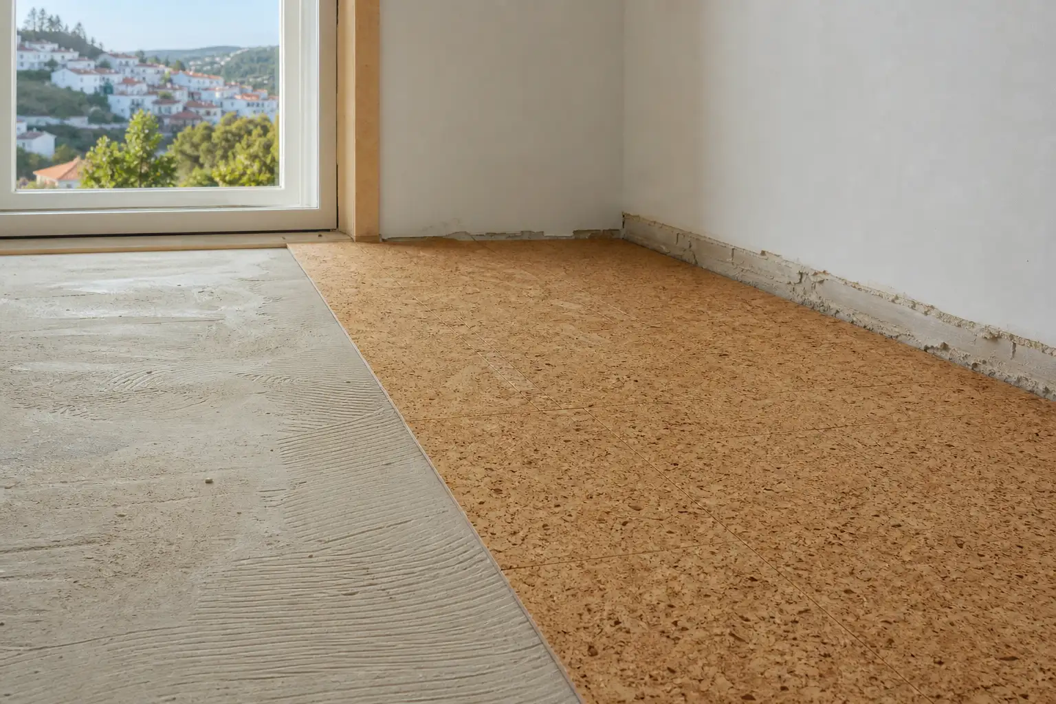 Preparação de suporte e encontro de pavimento de cortiça com rodapé num quarto