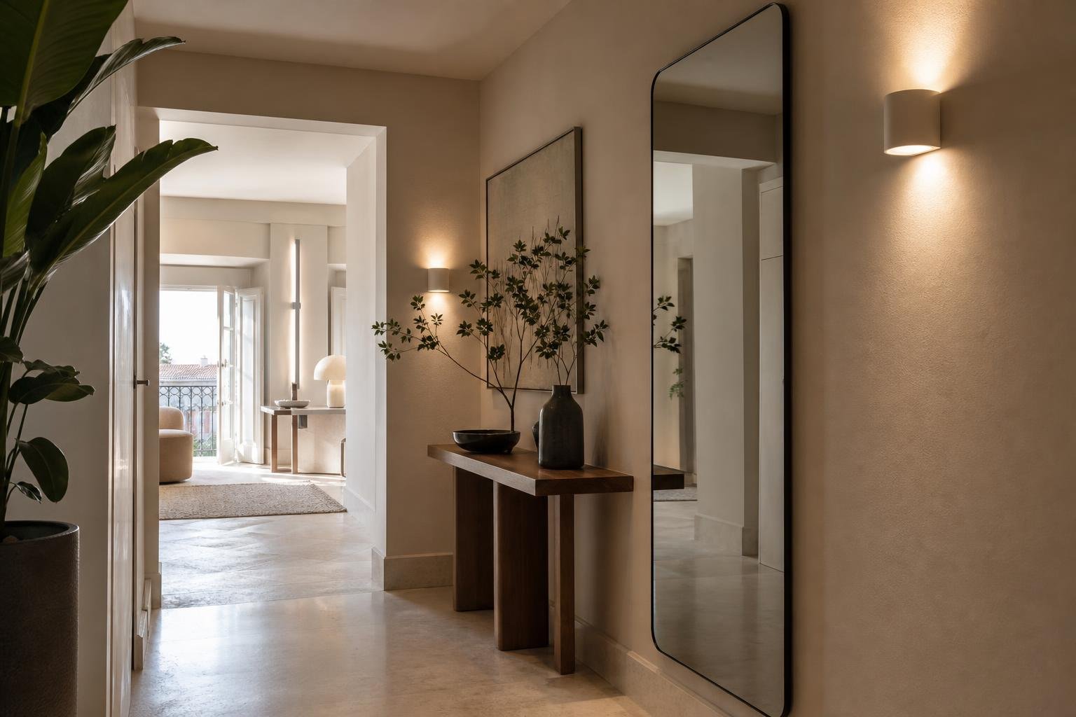Espelho de corpo inteiro fixado numa entrada de apartamento em Lisboa com iluminação suave e passagem livre