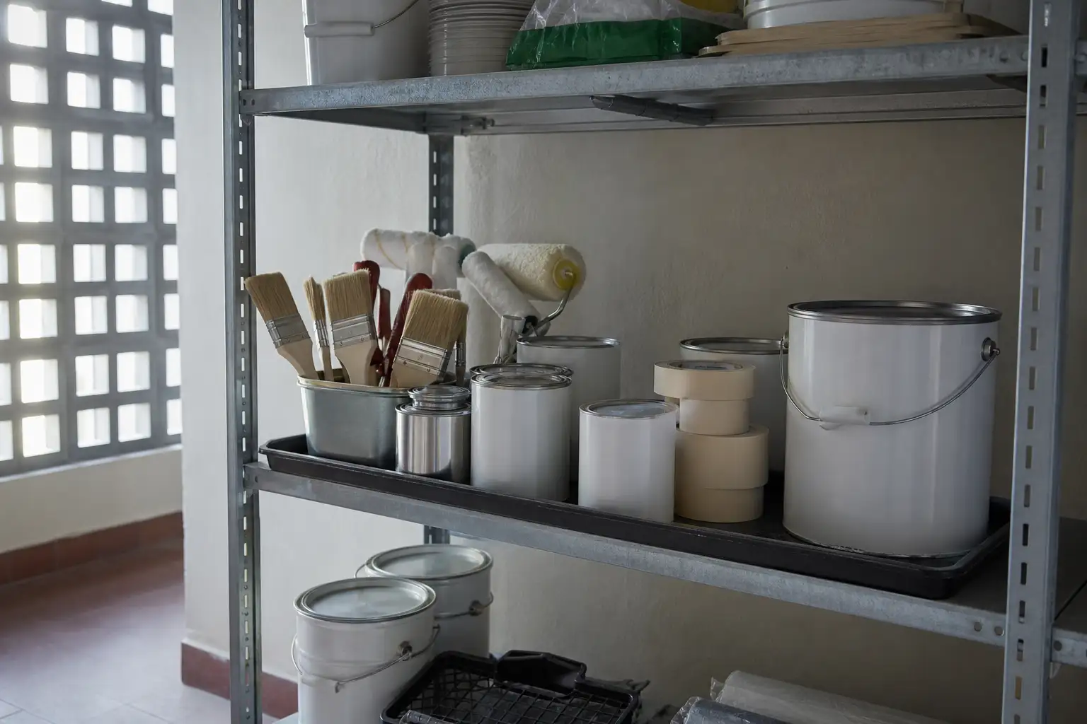 Materiais de pintura organizados numa prateleira ventilada de uma arrecadação doméstica.