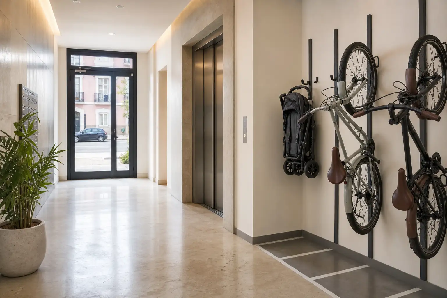 Átrio residencial com corredor livre, acesso ao elevador e área discreta para carrinho de bebé e bicicletas.