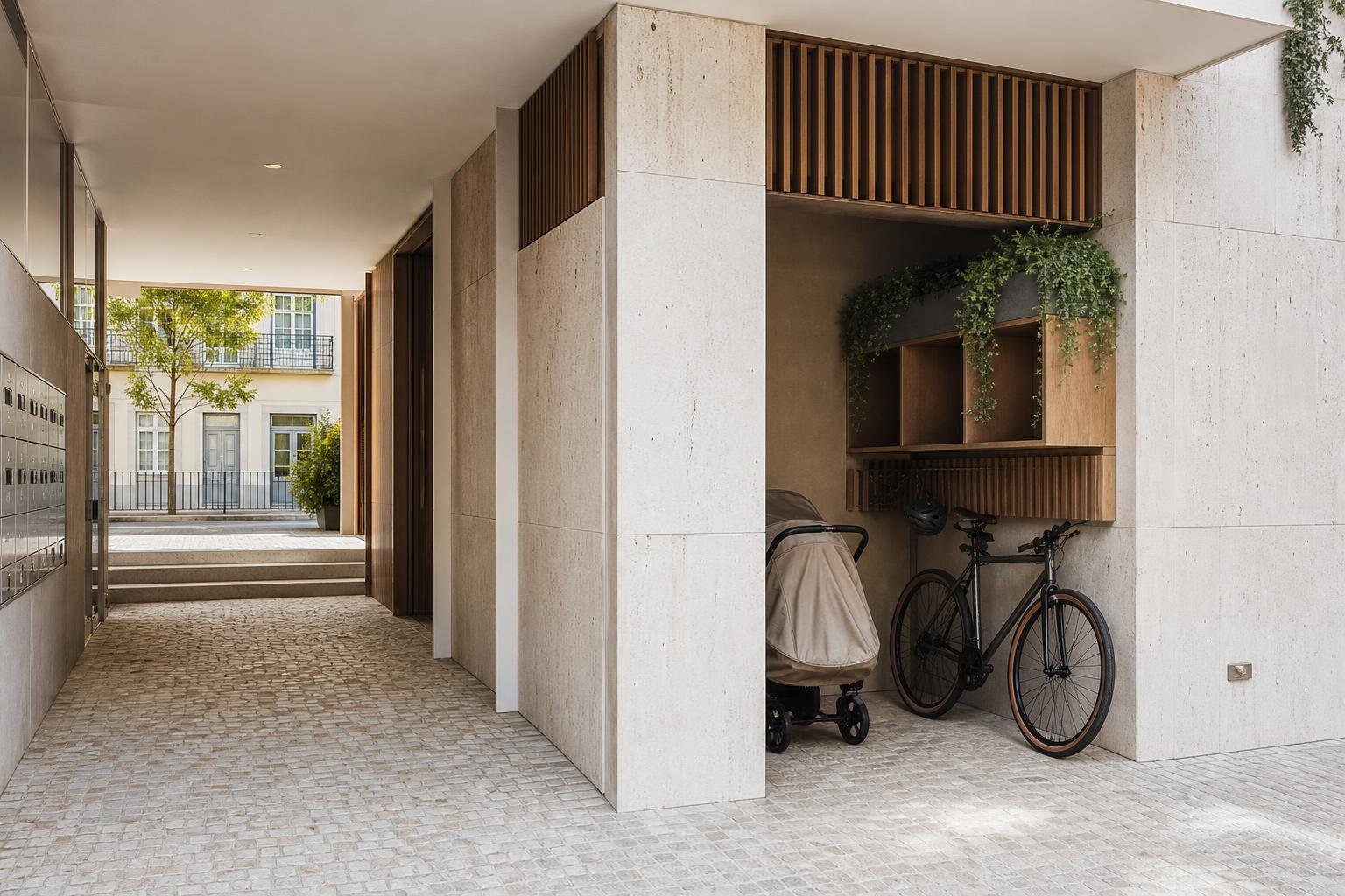 Zona organizada para carrinhos de bebé e bicicletas junto à entrada de um prédio residencial em Lisboa, sem bloquear a circulação.
