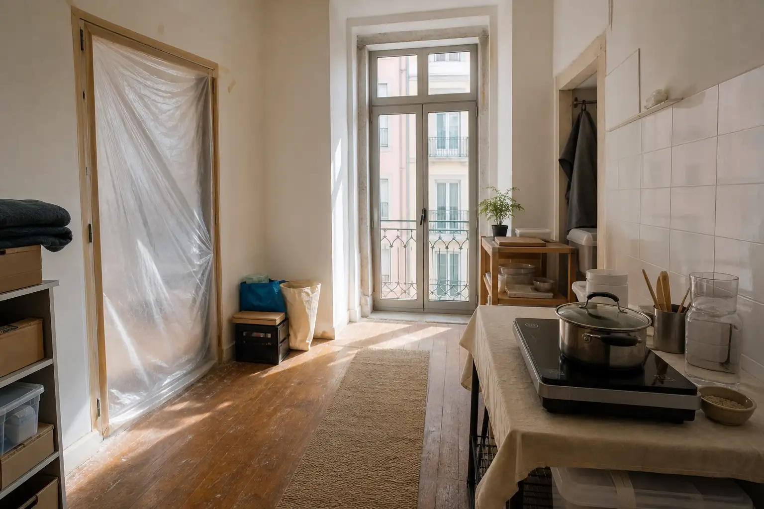 Cozinha provisória organizada num apartamento durante obras, com zona de circulação livre e divisão isolada.