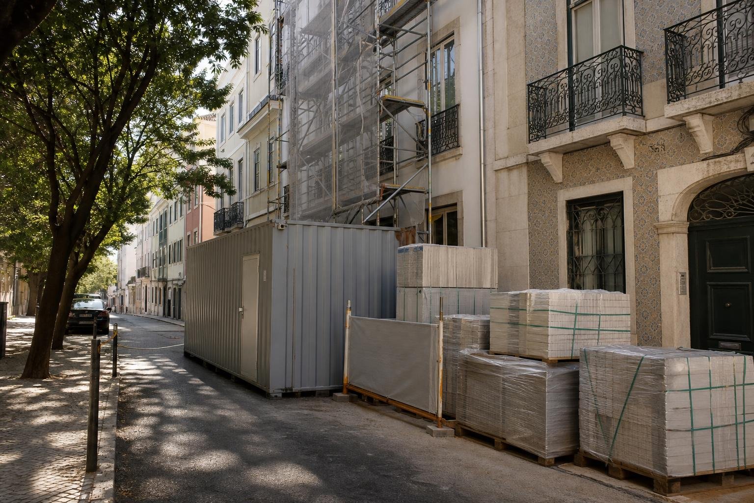 Contentor e andaime numa rua residencial de Lisboa com percurso pedonal protegido durante uma remodelação.