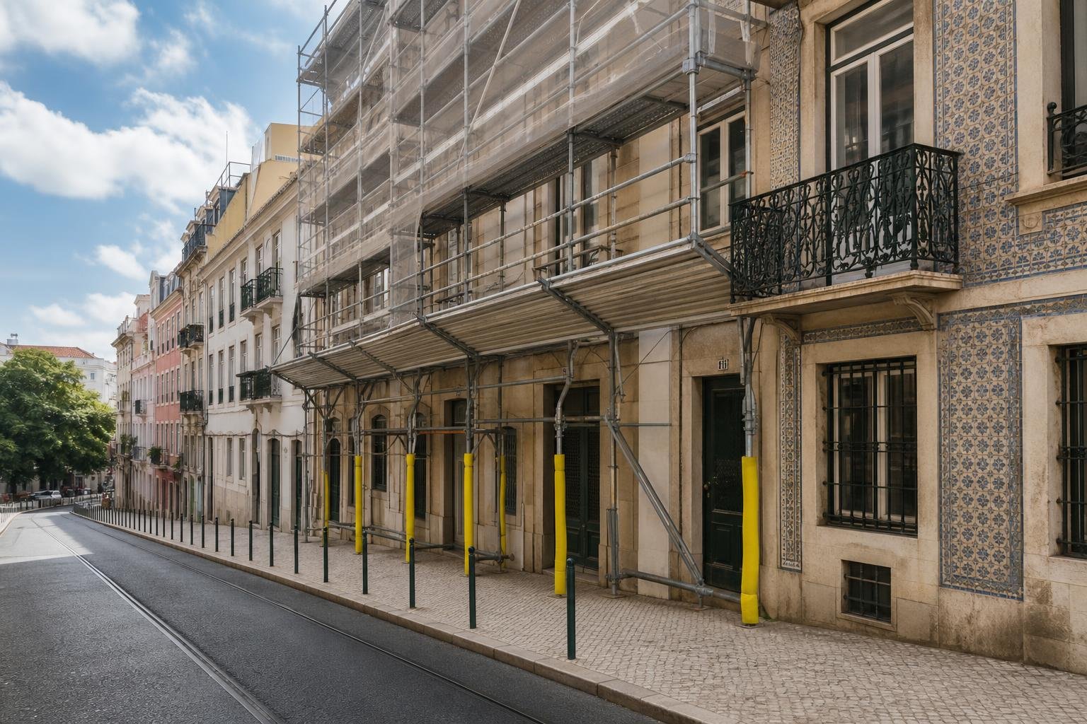 Andaime numa rua residencial de Lisboa com passagem pedonal livre e proteção de fachada