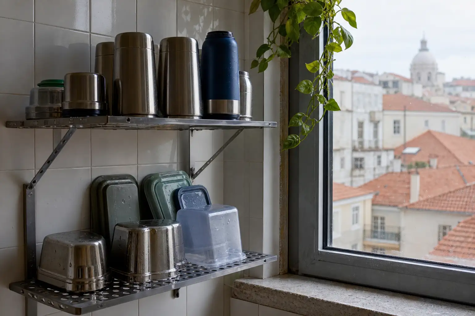 Garrafas e lancheiras reutilizáveis a secar numa prateleira ventilada de cozinha