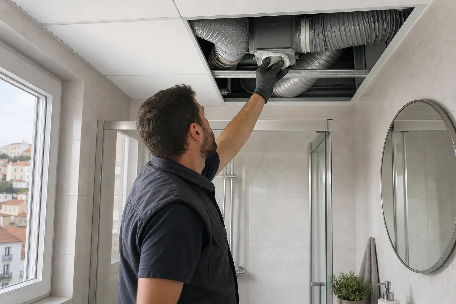 Verificação de conduta de ventilação num teto falso de uma casa de banho em remodelação.