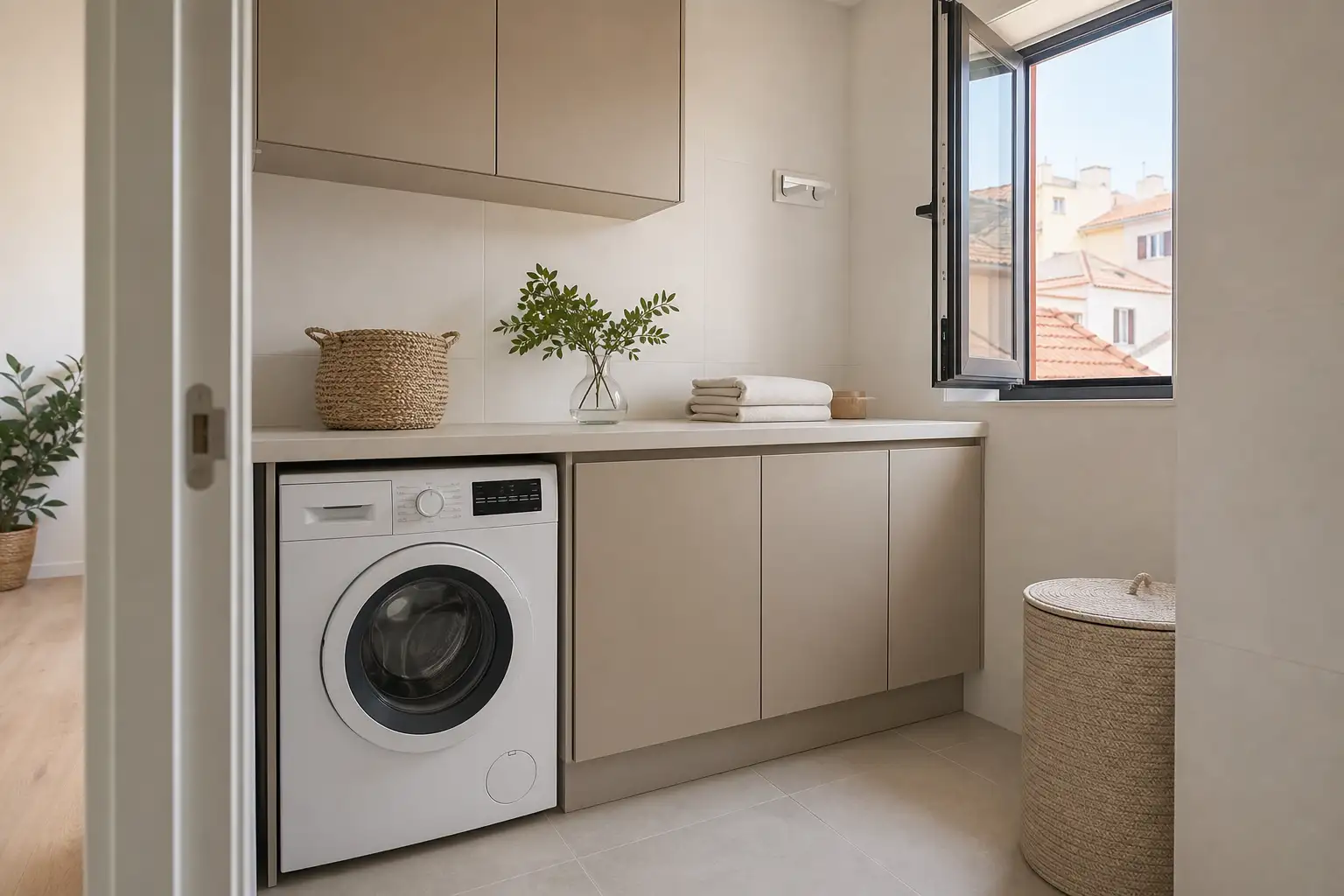 Zona de lavandaria de apartamento com ligação de drenagem para condensados e materiais resistentes à humidade.