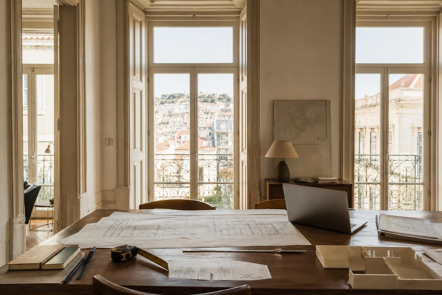 Mesa de planeamento de remodelação num apartamento antigo de Lisboa, com plantas e instrumentos de medição.