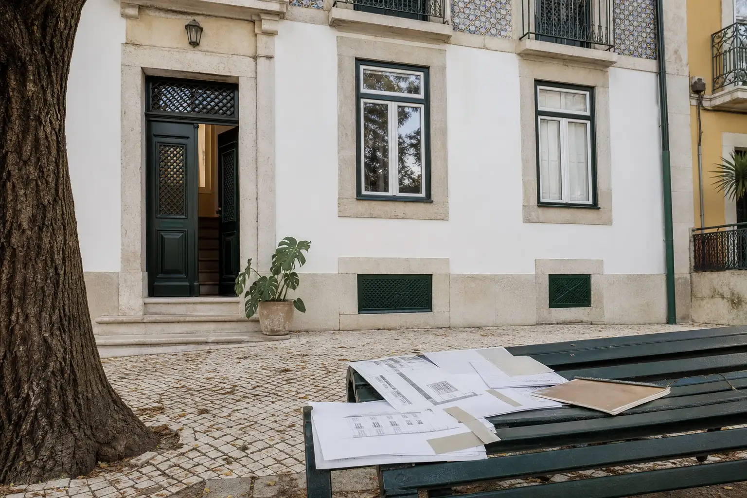 Fachada e entrada de um prédio residencial em Lisboa, enquadradas no planeamento de uma remodelação.
