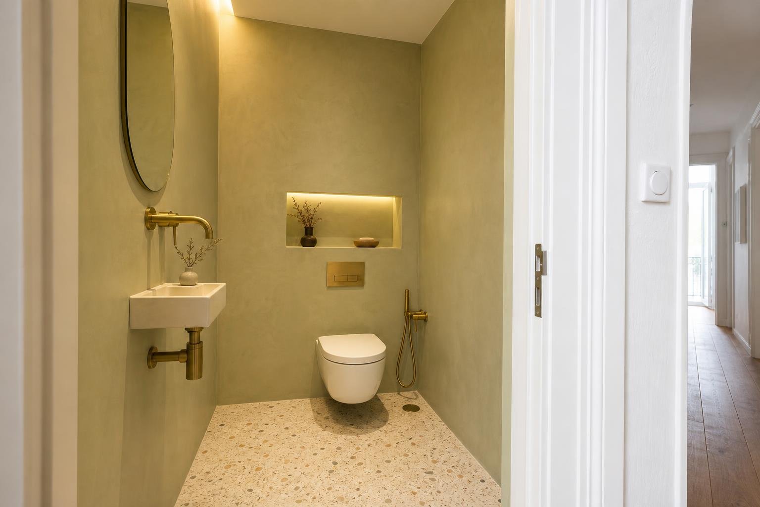 Lavabo compacto remodelado num apartamento de Lisboa, com lavatório suspenso, sanita mural e arrumação embutida