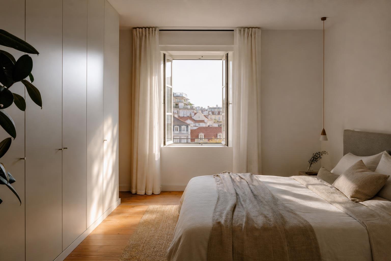 Quarto renovado num apartamento de Lisboa com luz natural, arrumação fechada e materiais fáceis de manter.
