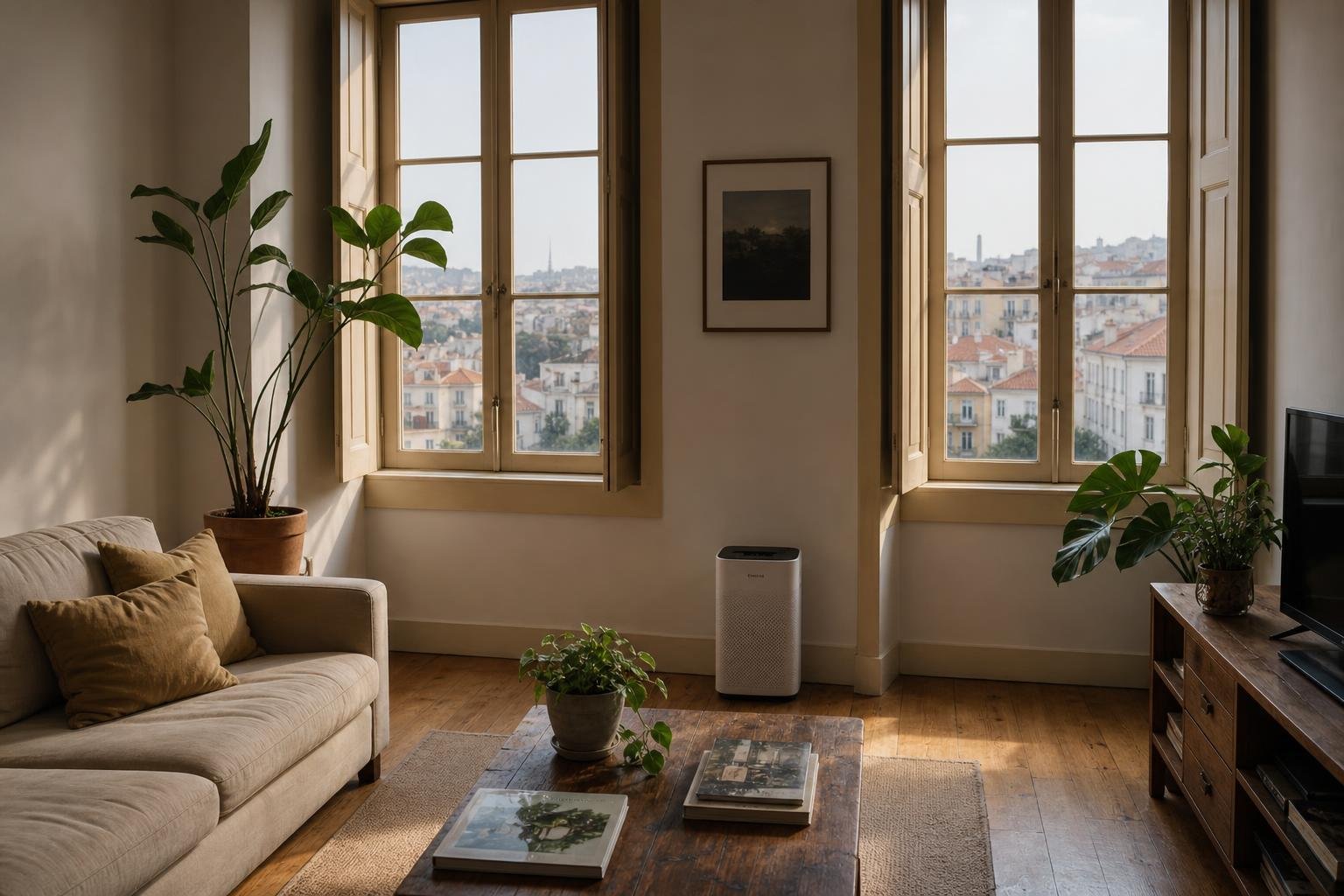 Sala de apartamento em Lisboa preparada para reduzir a entrada de fumo exterior num dia de verão
