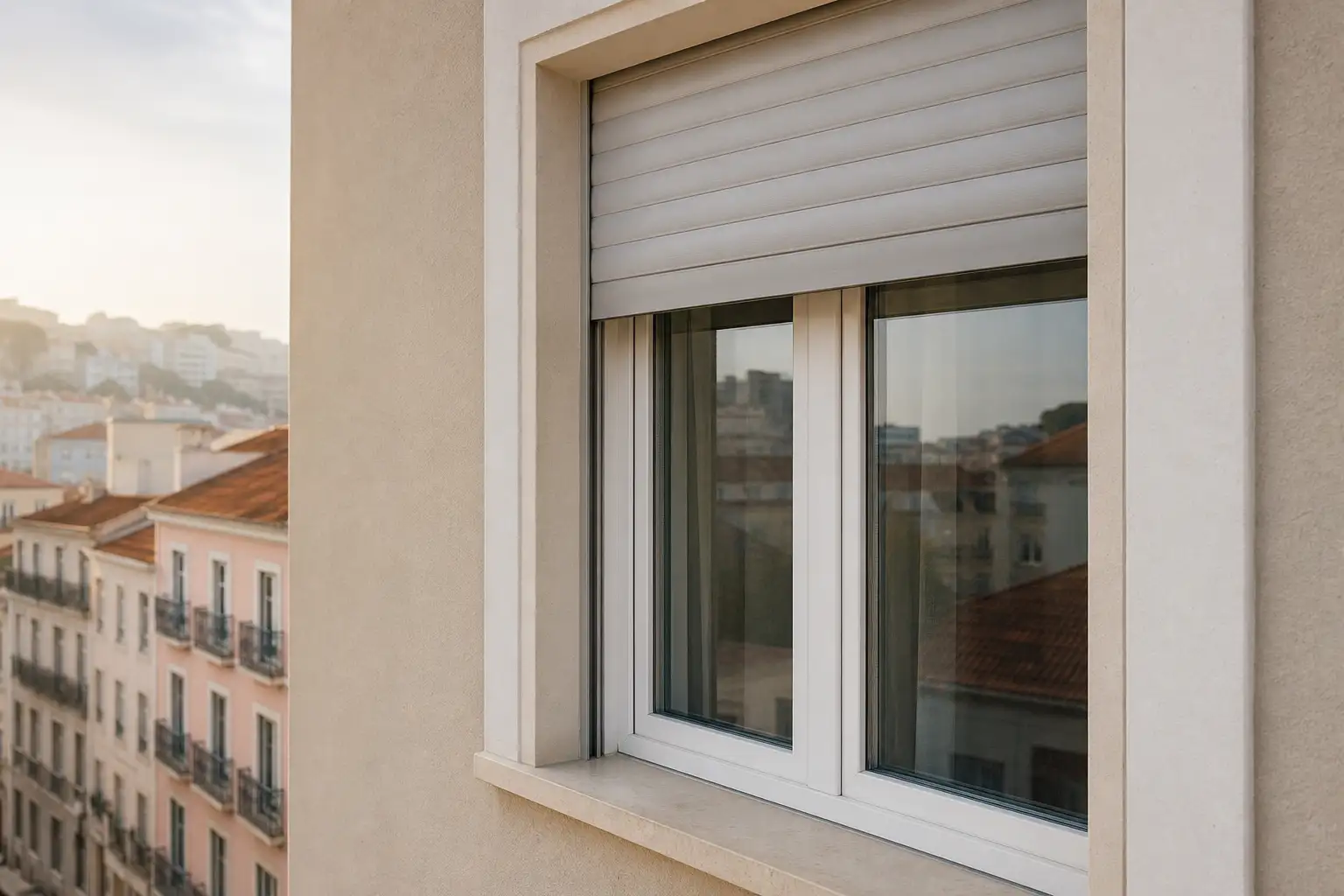 Janela de apartamento em Lisboa com juntas de vedação bem mantidas e estore parcialmente fechado