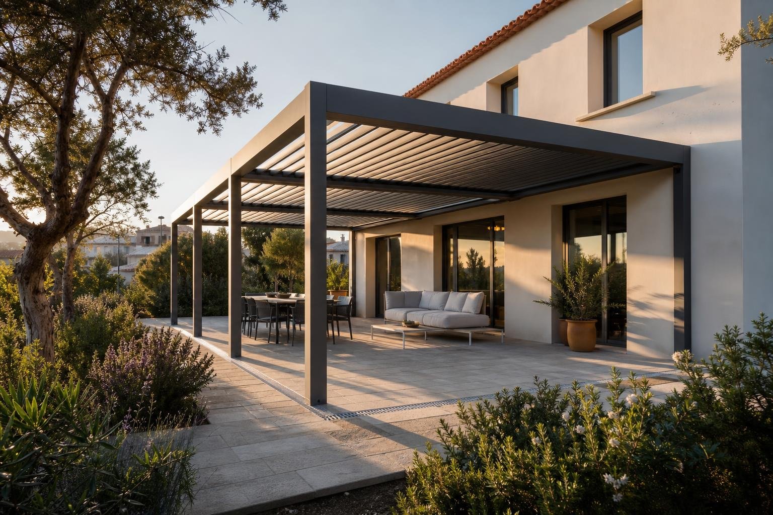Pérgola bioclimática com lâminas orientáveis num pátio de moradia em Lisboa