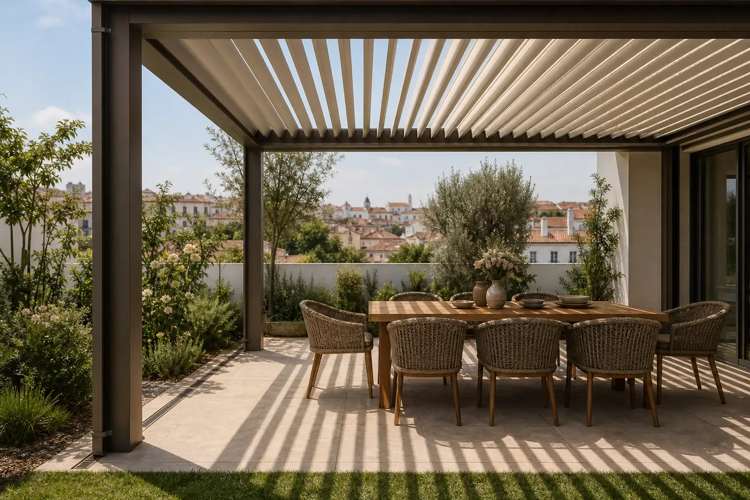 Vista sob uma pérgola bioclimática com sombras reguláveis e drenagem integrada