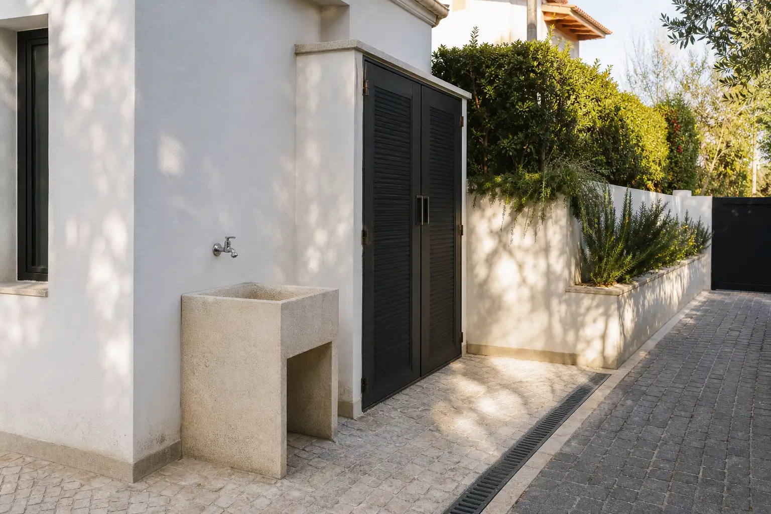 Zona exterior de apoio junto à entrada de uma moradia com ponto de lavagem e drenagem
