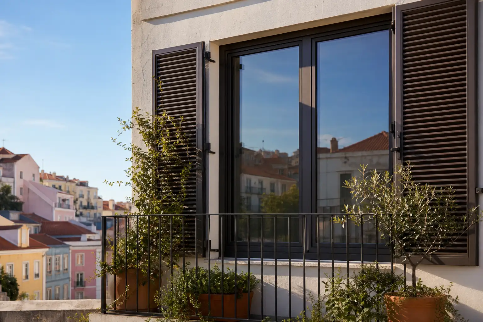 Pormenor de janela de apartamento com película solar e vista urbana de Lisboa