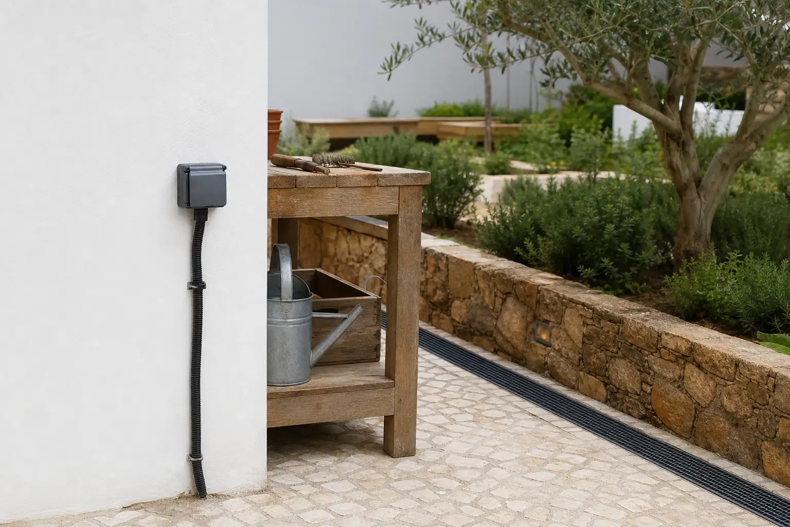 Garden utility area with protected exterior socket and neatly stored tools