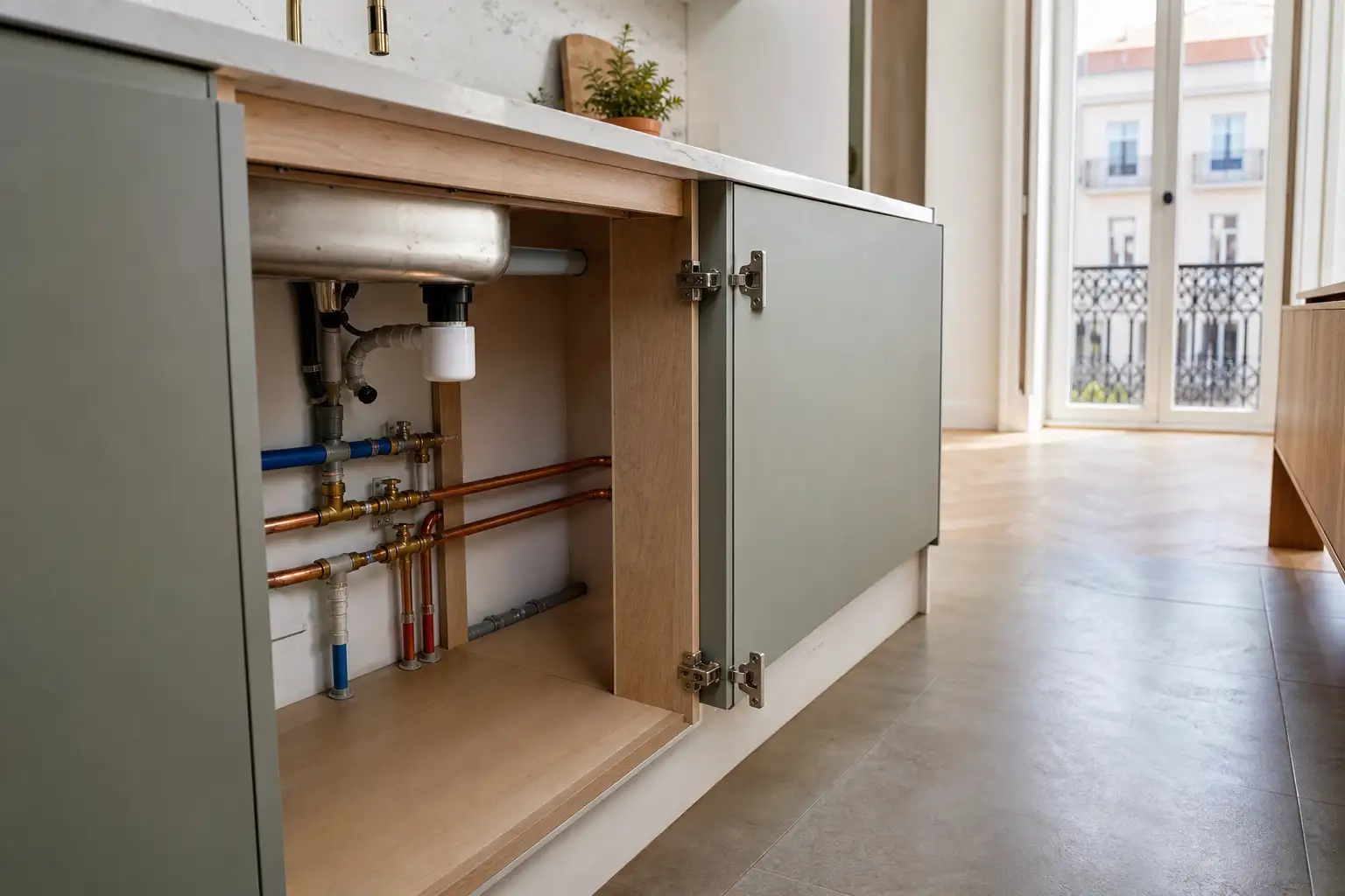 Technical access beneath a kitchen worktop with organised water valves and pipework