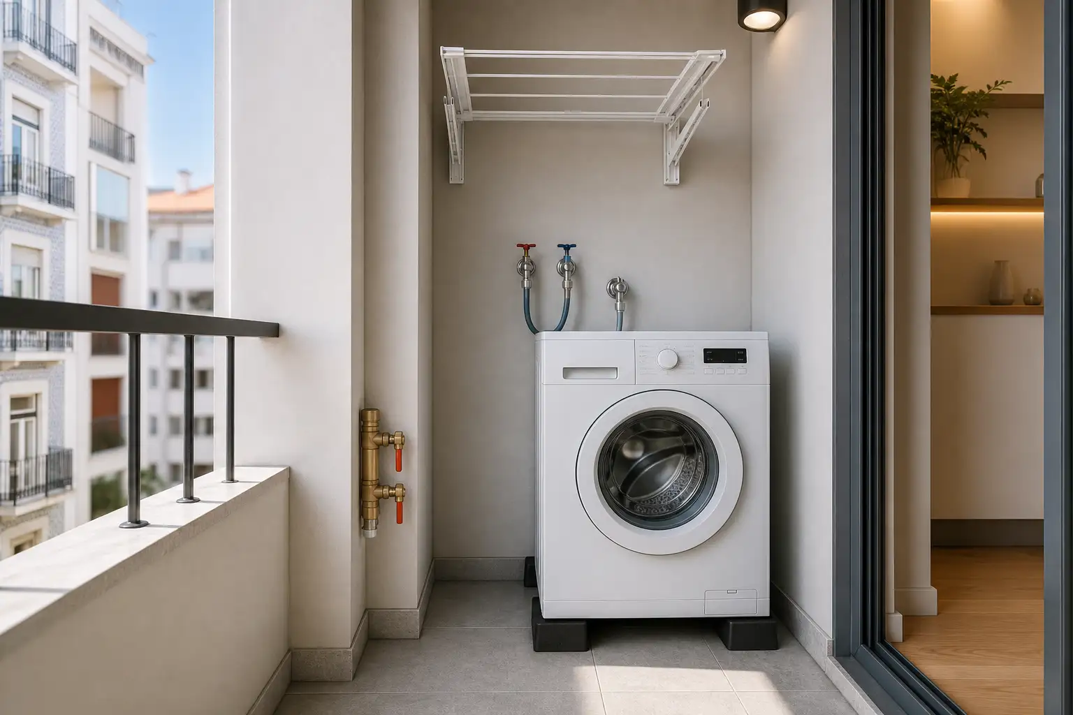 Shared laundry technical area with accessible connections, anti-vibration base and unobstructed circulation.