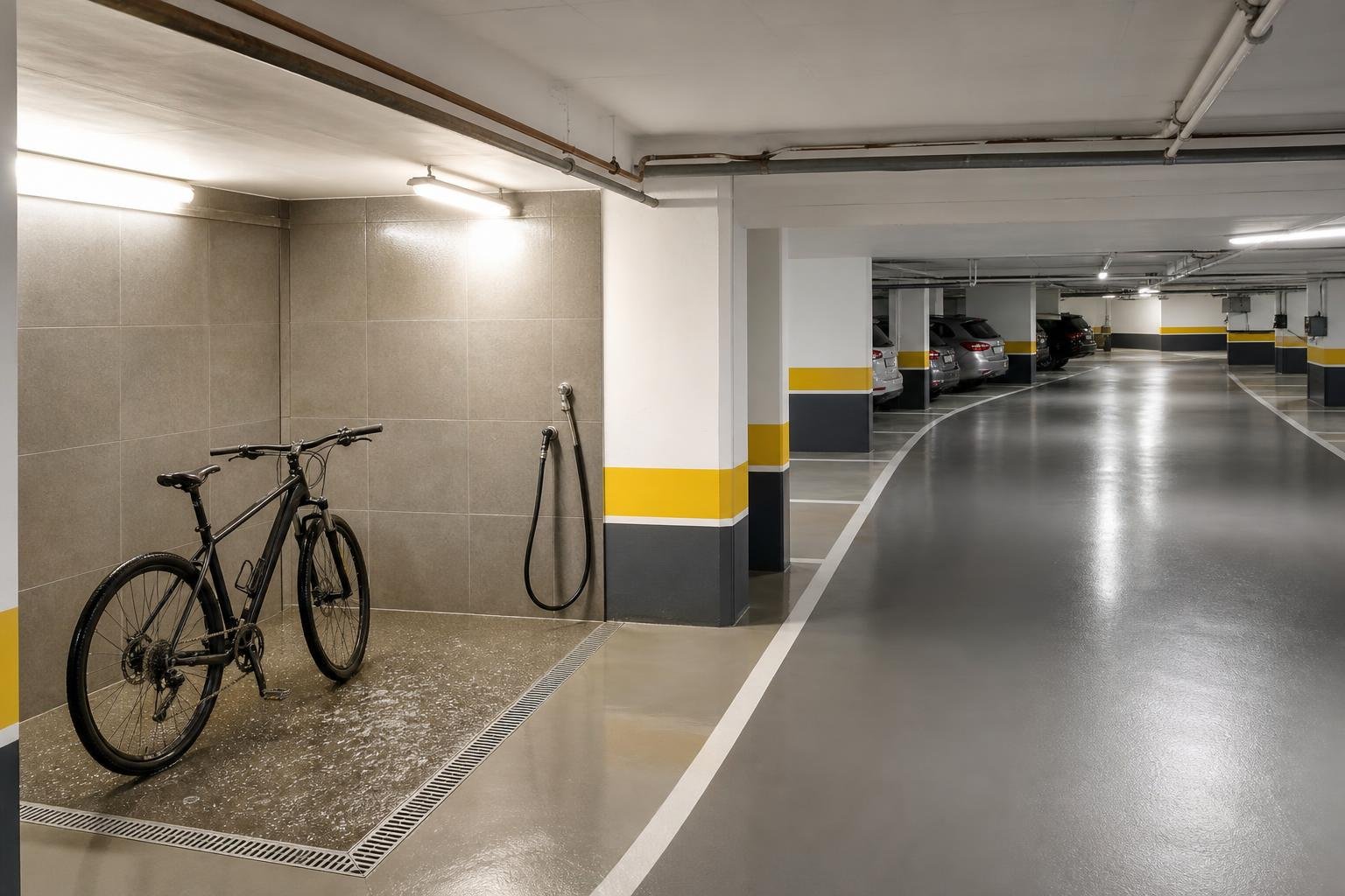 Zona de lavagem de bicicletas numa garagem de condomínio, com pavimento antiderrapante, drenagem e acesso livre.