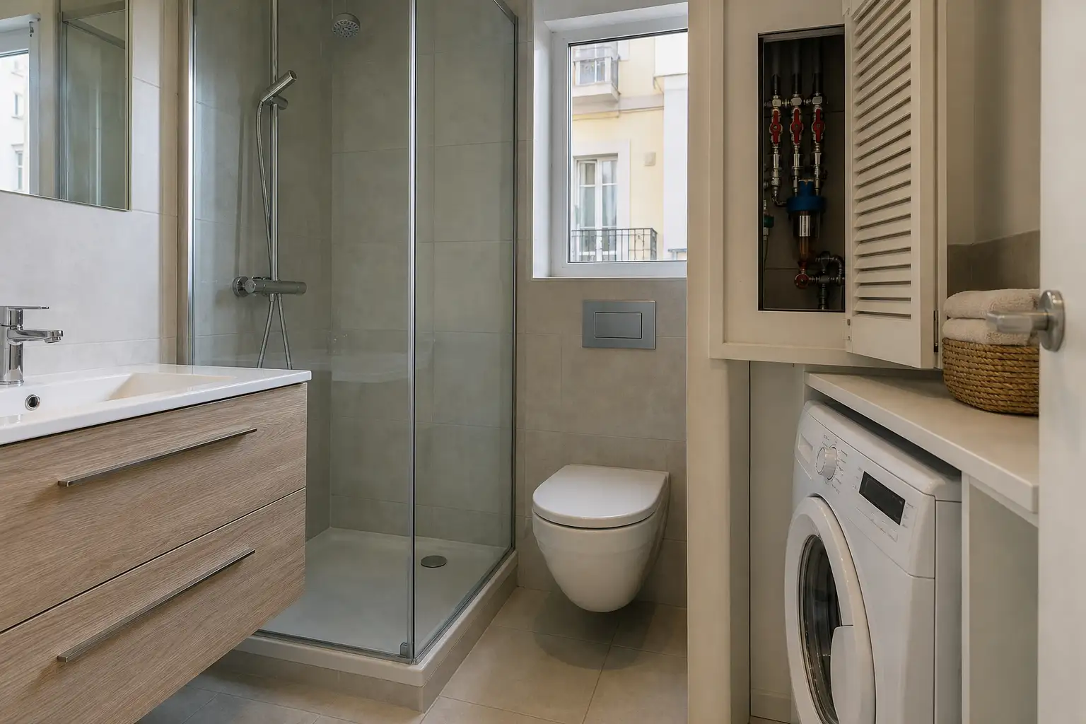 Practical rental apartment bathroom with durable materials and easy-maintenance details