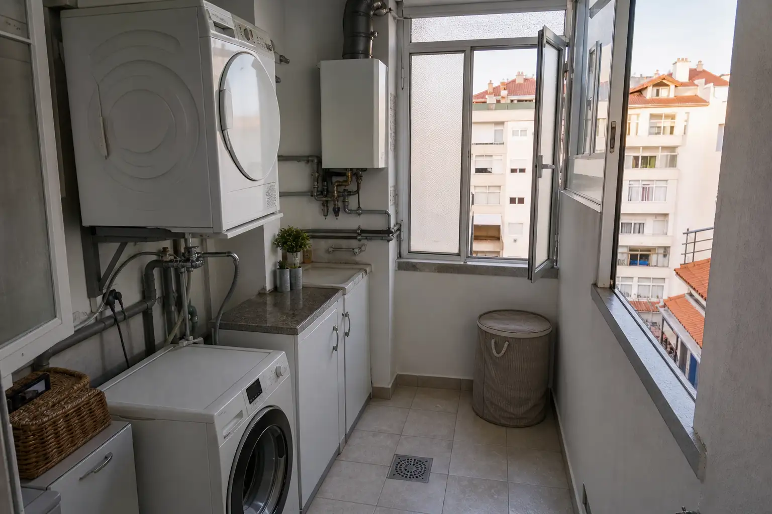 Ventilated apartment utility balcony with drainage and laundry storage
