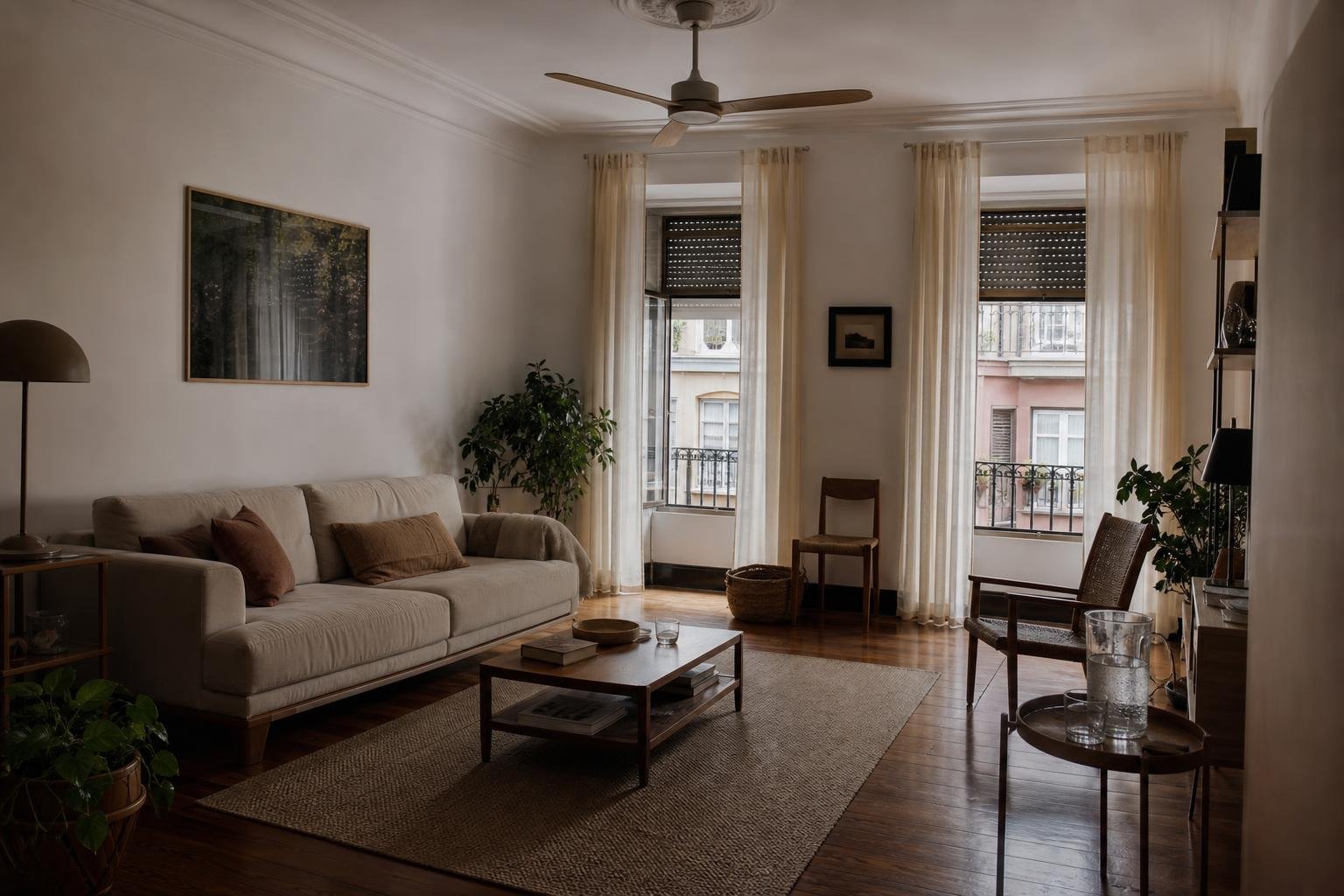 Sala de apartamento em Lisboa preparada como divisão-refúgio térmico, com estores, cortinas claras e ventoinha de teto.