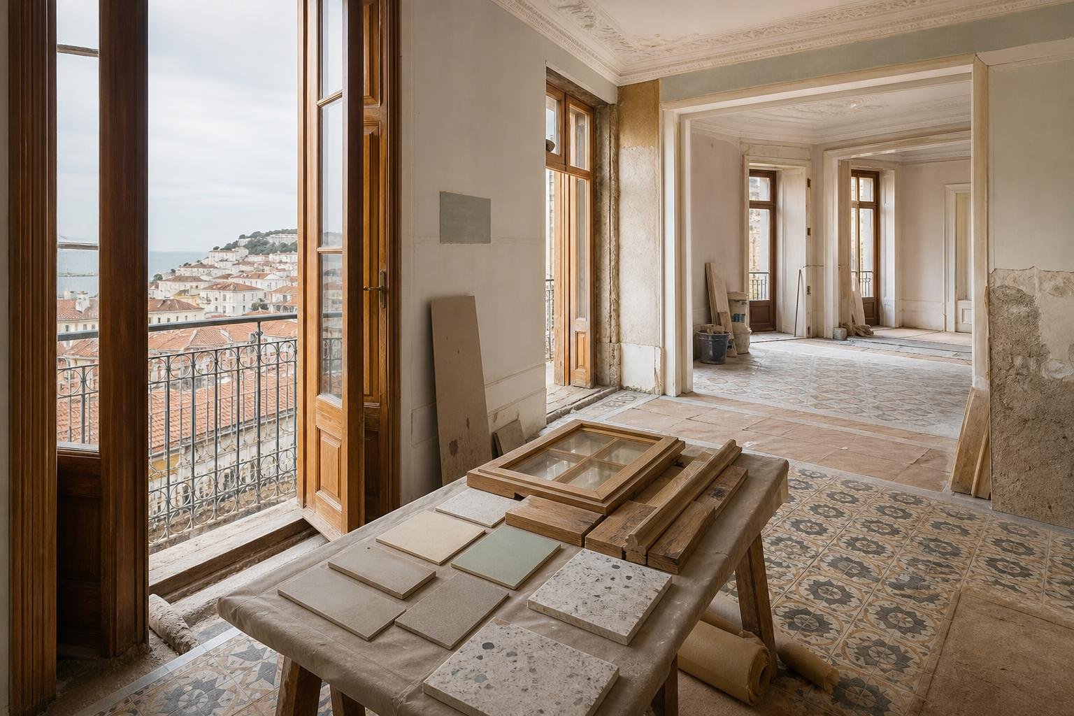 Remodelação cuidadosa de apartamento histórico em Lisboa com janelas de madeira e pavimento hidráulico protegido.