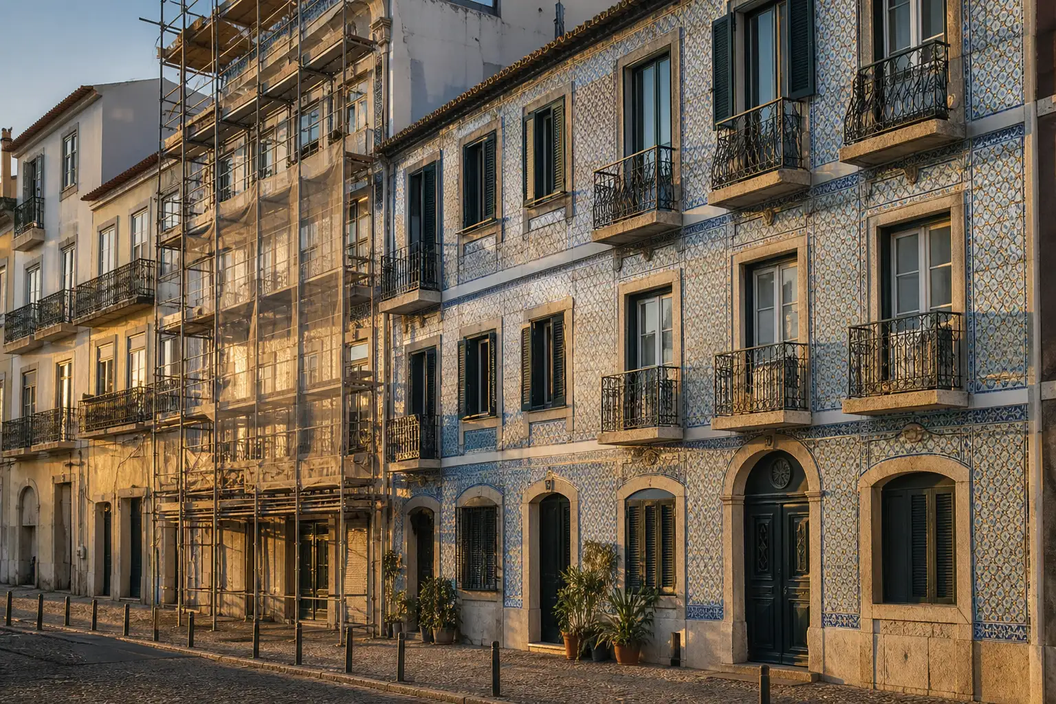Traditional Lisbon façade with tiled details and discreet rehabilitation work.