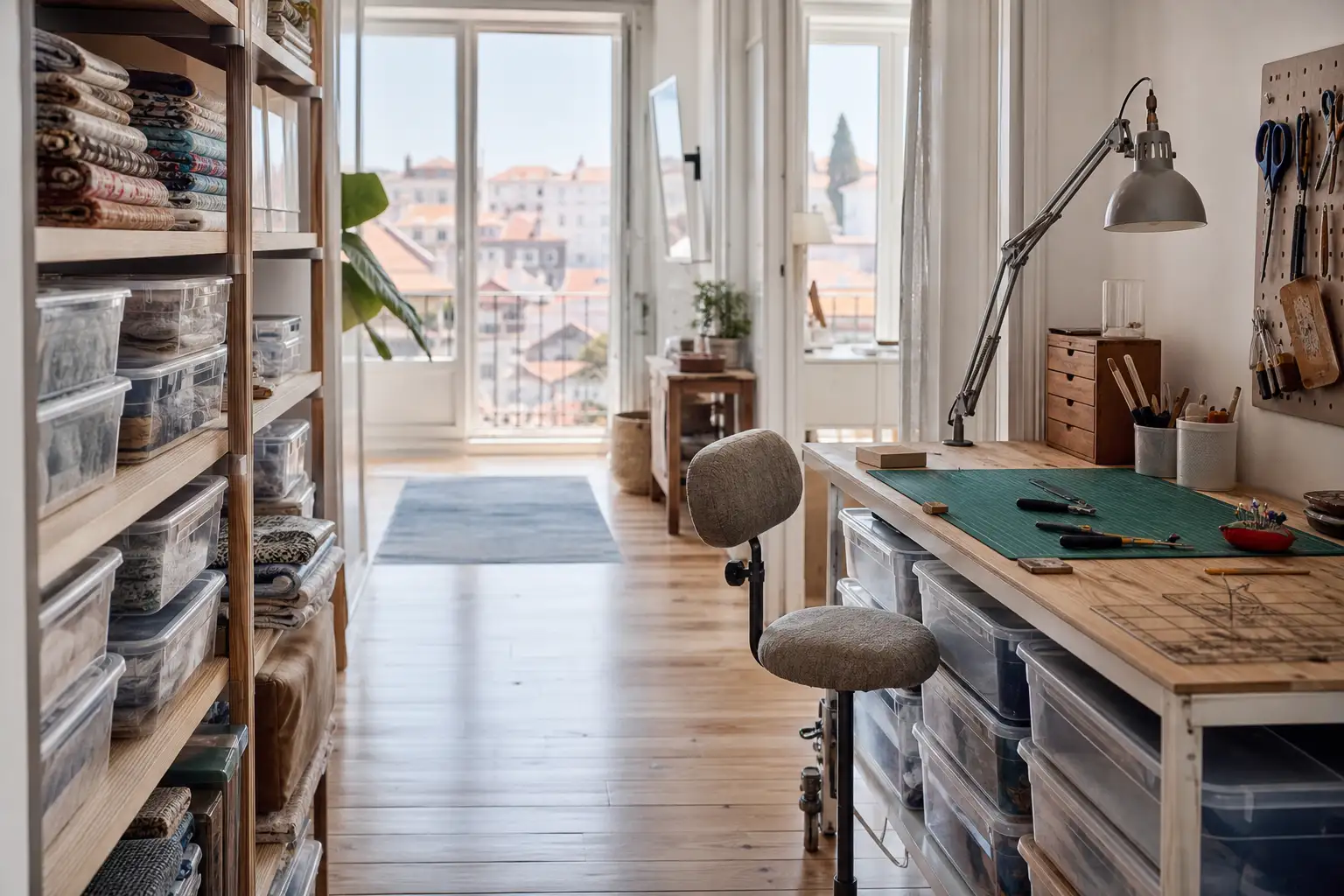 Tidy worktop detail with sewing materials and hand tools in a multifunctional spare room
