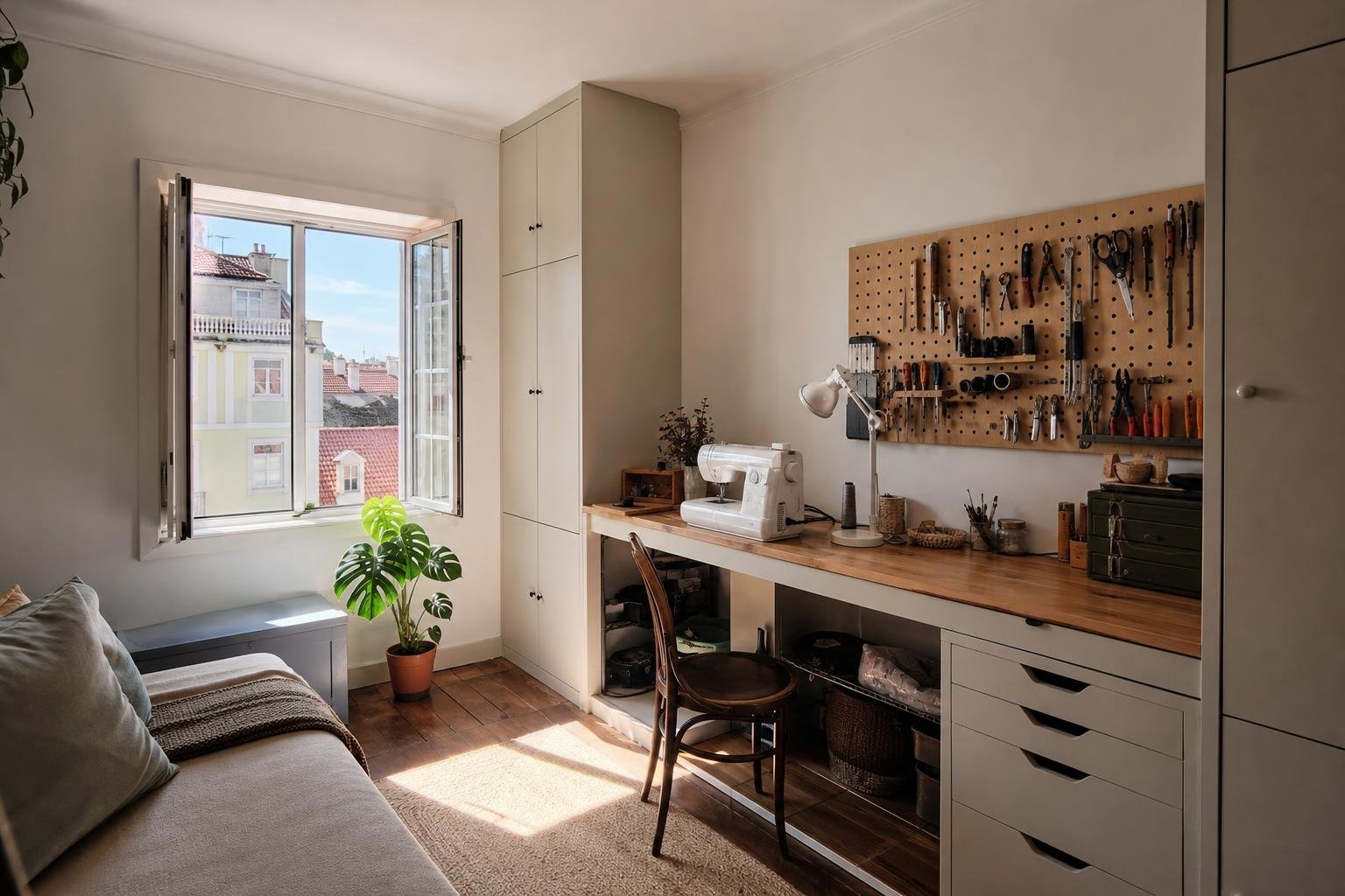 Bright spare room arranged as a sewing and small household repair area
