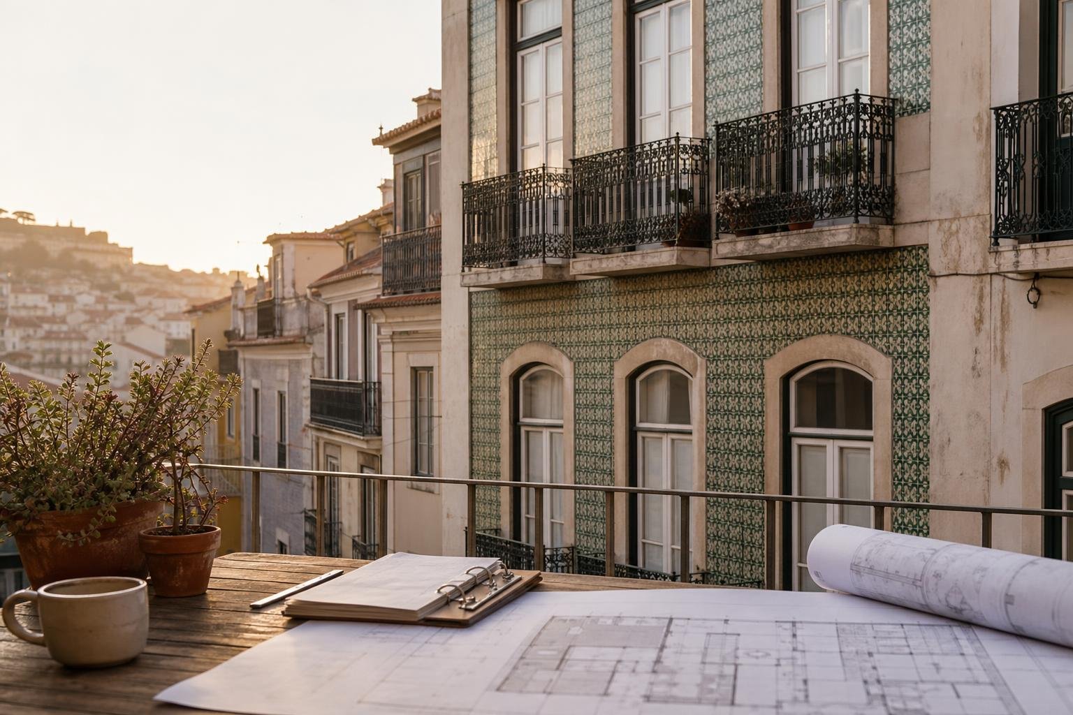 Fachada de prédio residencial em Lisboa com materiais de obra e plantas sobre uma mesa