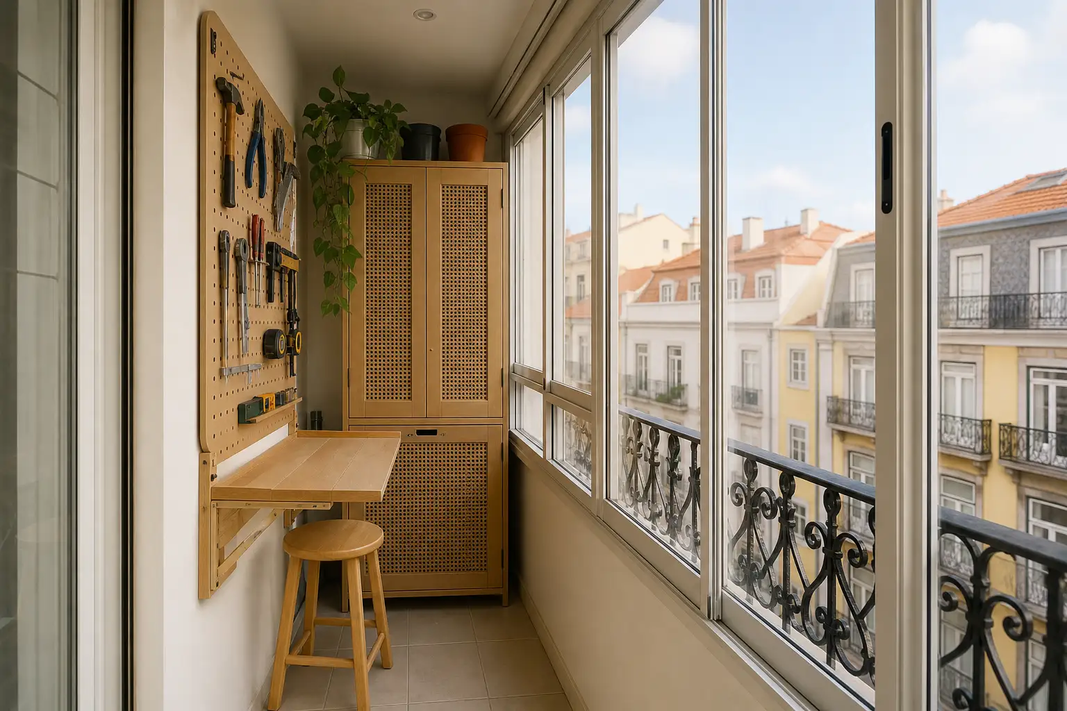 Fold-down workbench and neatly organised tools in an apartment balcony with unobstructed windows.