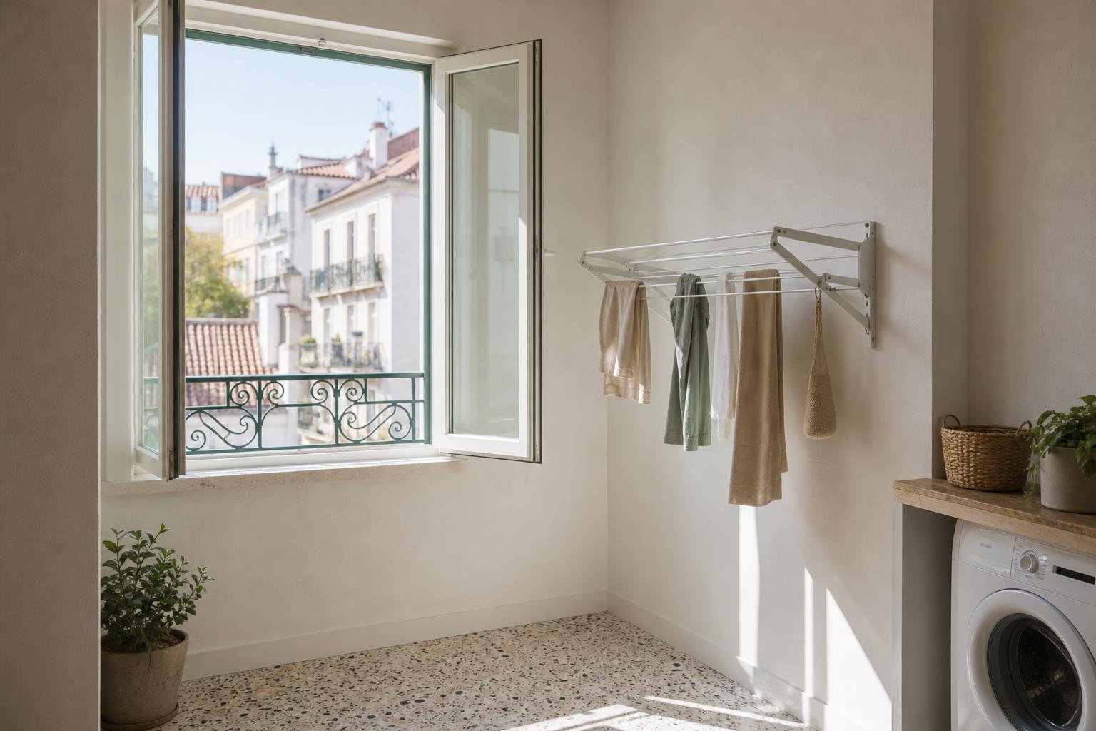 Folding wall-mounted drying rack in a bright Lisbon apartment utility area.