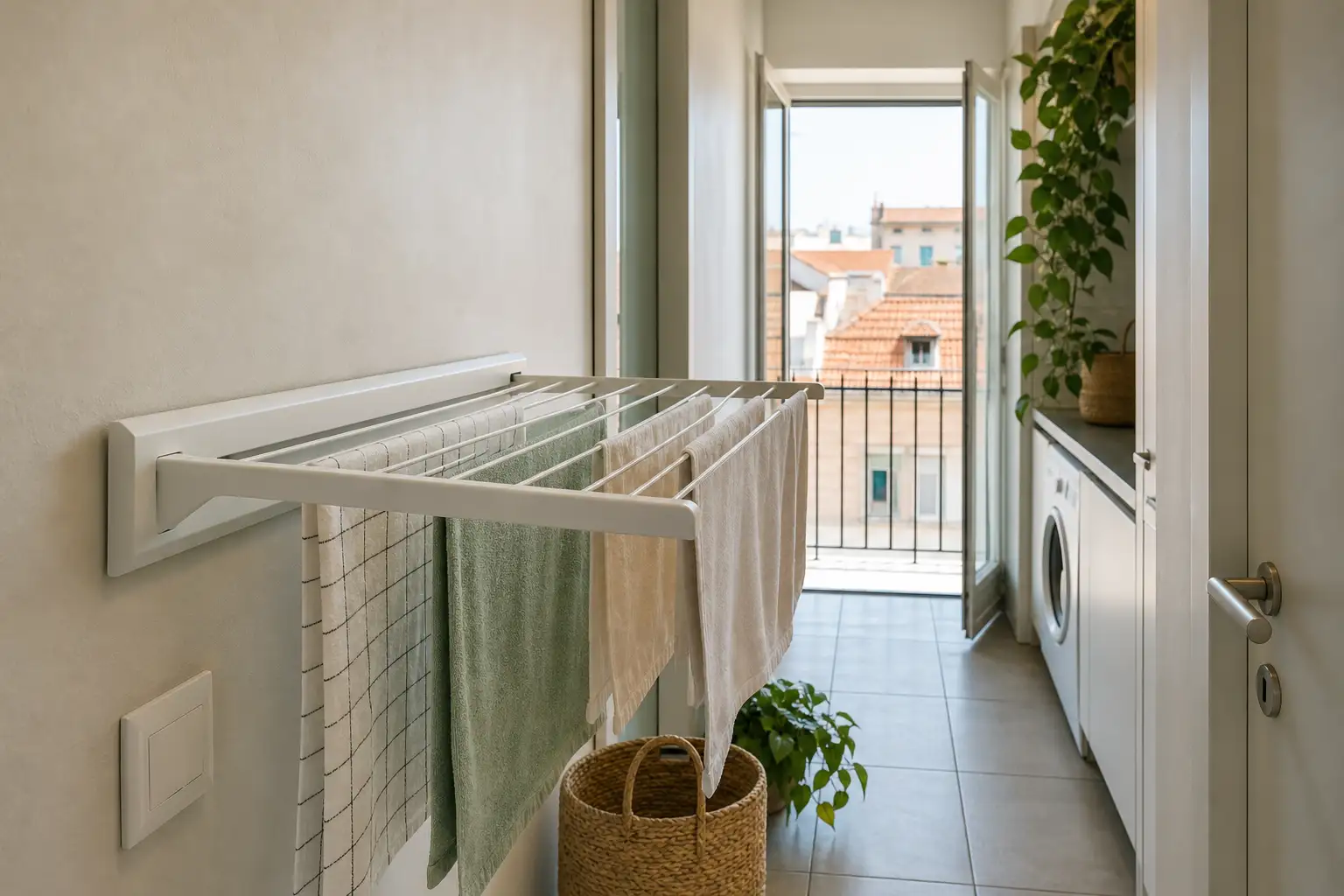 Close view of an articulated wall drying rack with a clear walkway in an apartment.