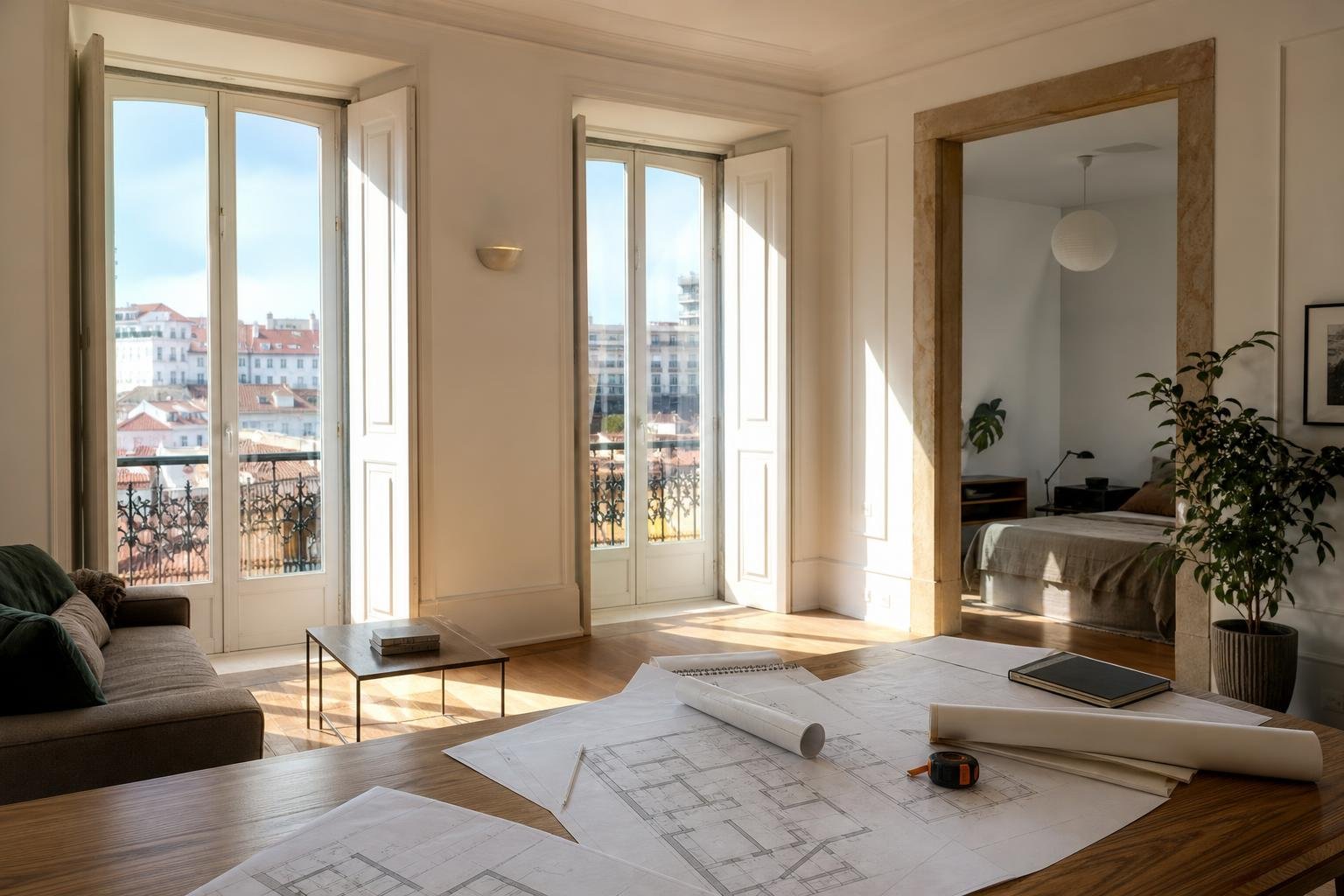 Apartamento remodelado em Lisboa com plantas e documentos de análise imobiliária sobre uma mesa.