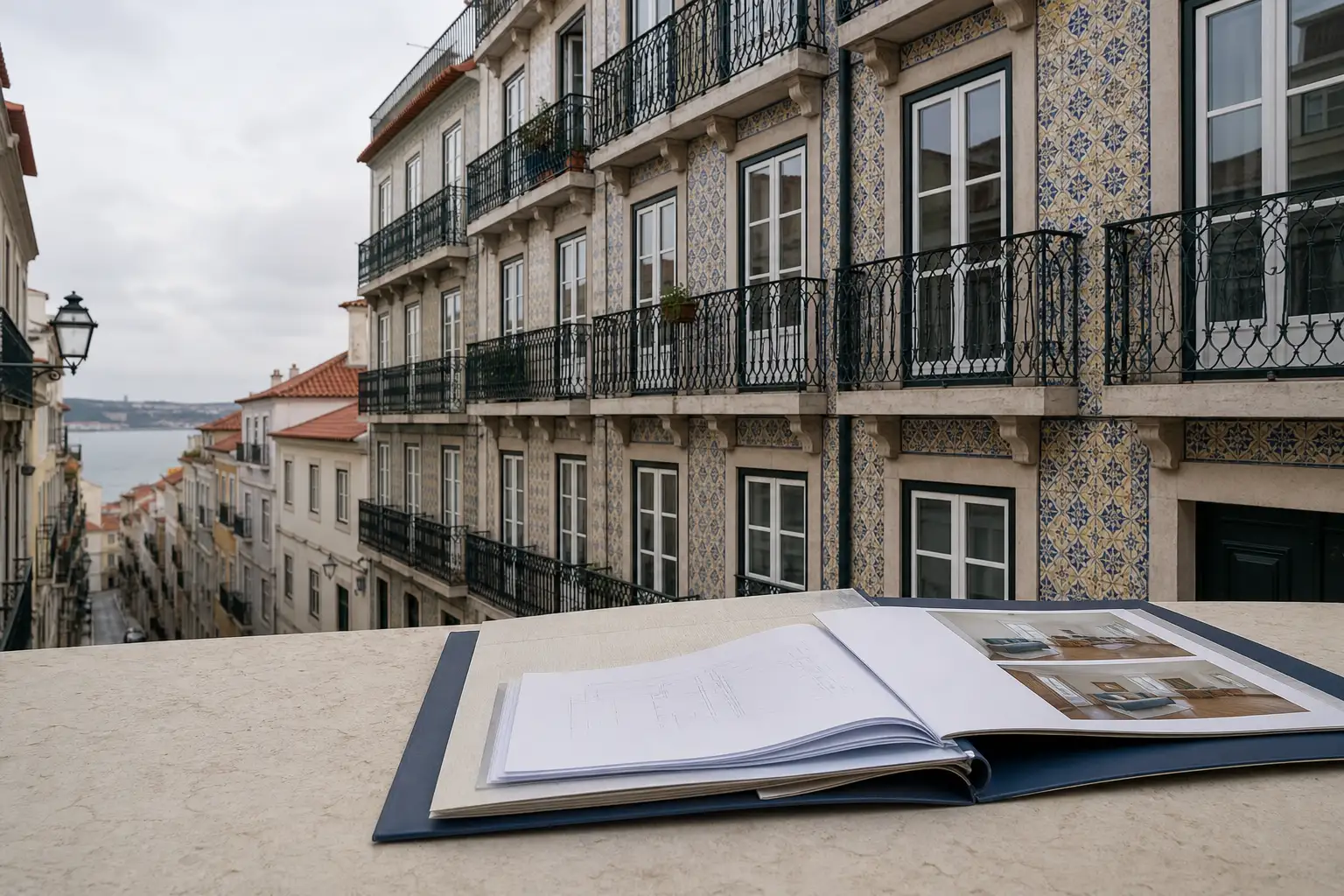 Fachada residencial de Lisboa com documentos de imóvel preparados para verificação antes da compra.