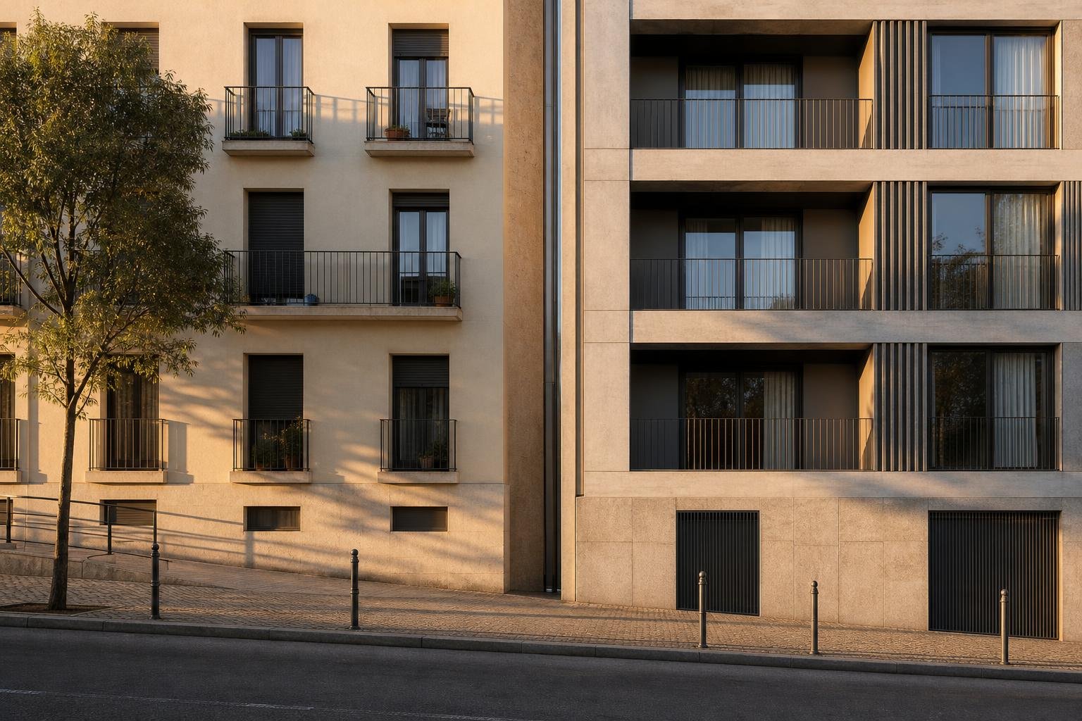 Visible vertical expansion joint between two residential building volumes in Lisbon
