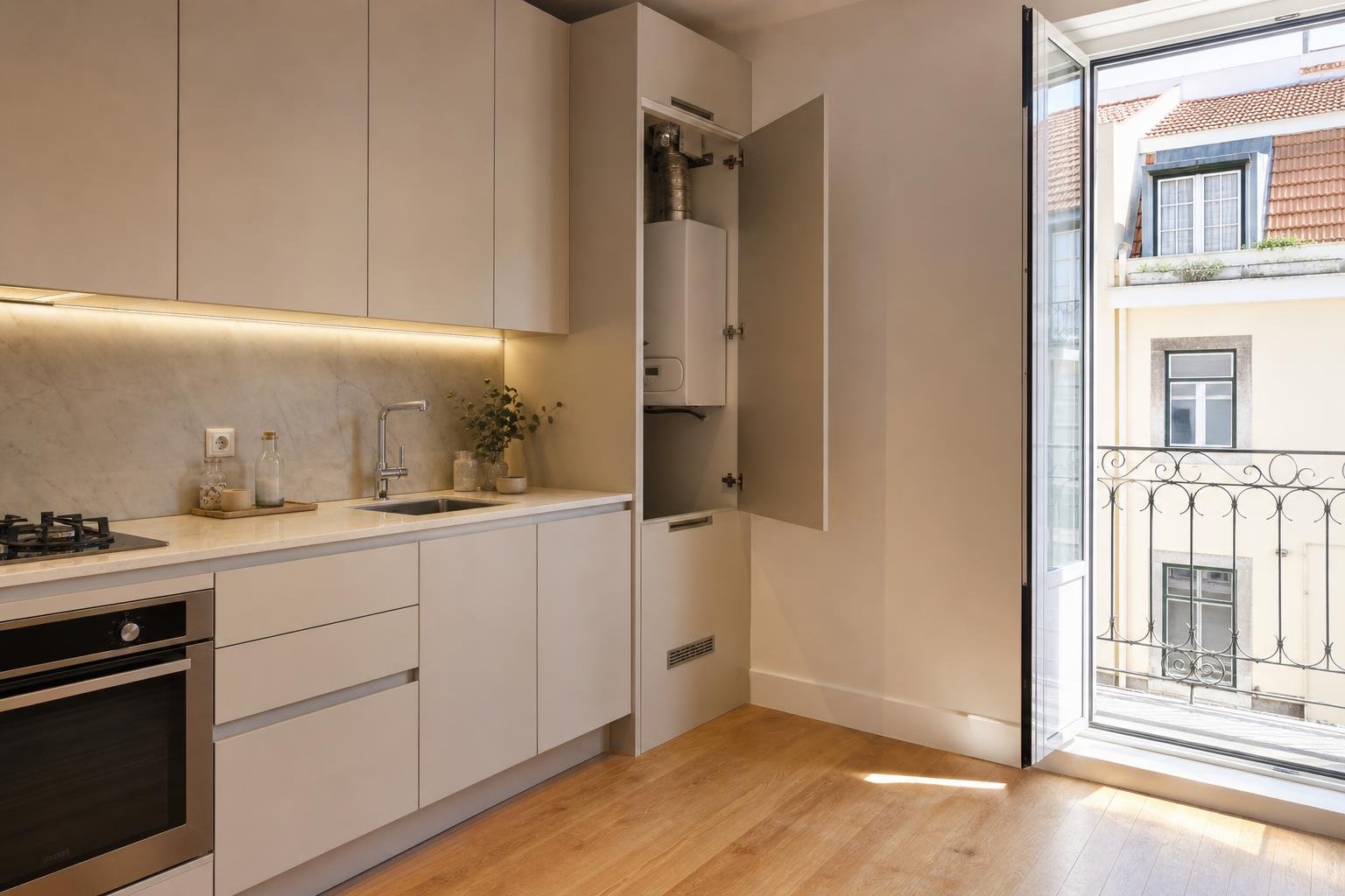 Visita a apartamento em Lisboa com zona técnica e equipamento de aquecimento a gás.