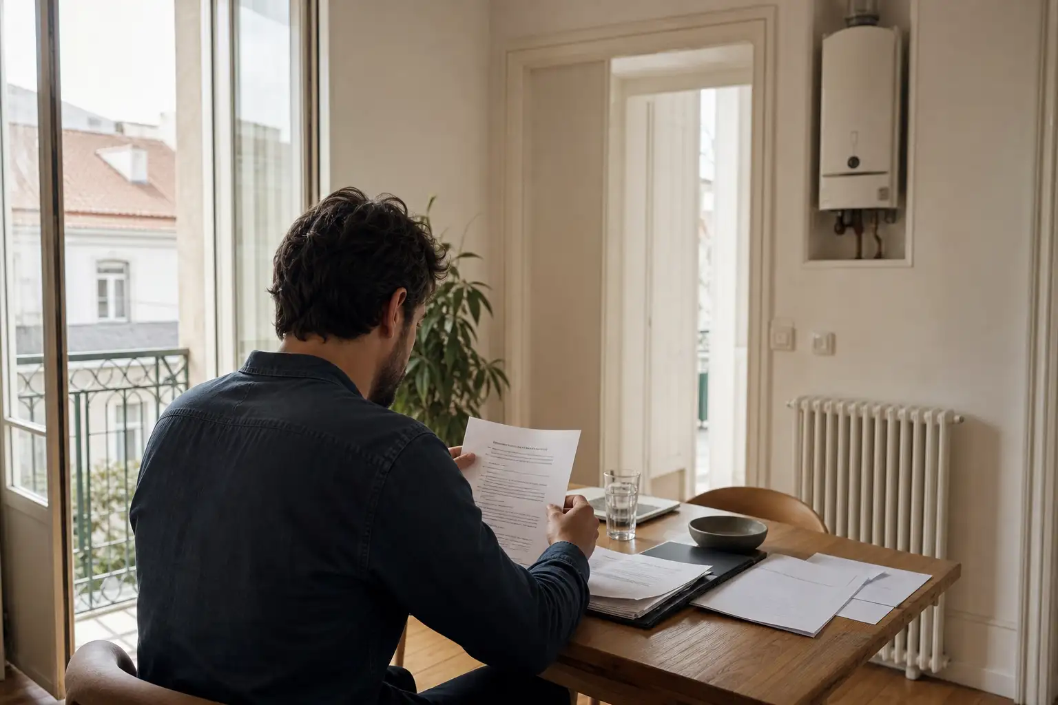 Documentos de compra de casa sobre uma mesa, com equipamento de aquecimento doméstico ao fundo.