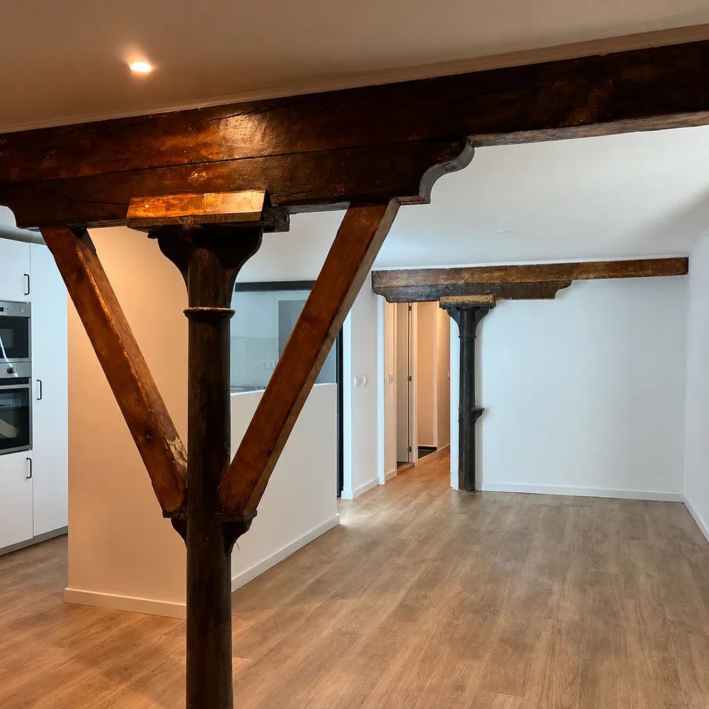Depois: sala e cozinha integradas com pavimento de madeira, cozinha branca e estrutura de madeira preservada