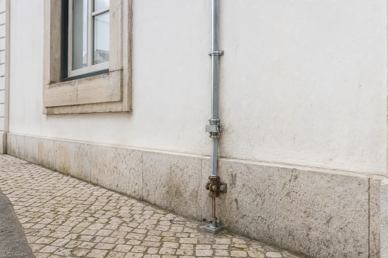 Condutor de proteção contra descargas atmosféricas fixado numa fachada de edifício residencial