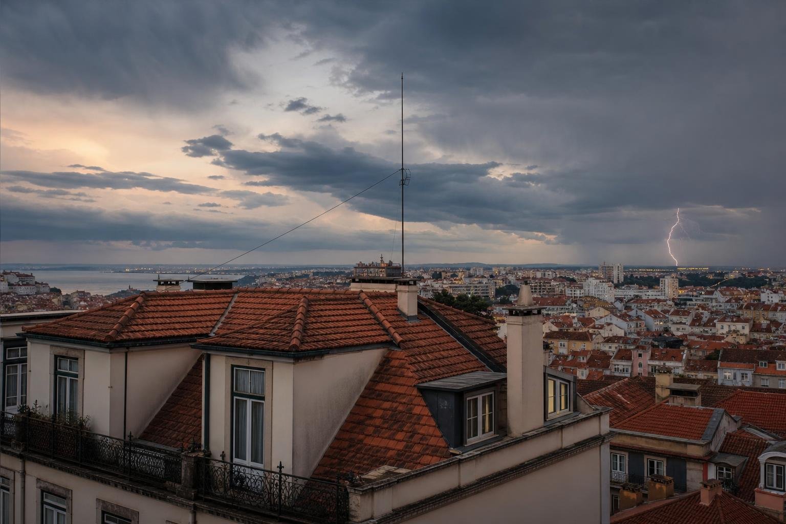 Para-raios discreto na cobertura de um edifício residencial em Lisboa sob céu de trovoada