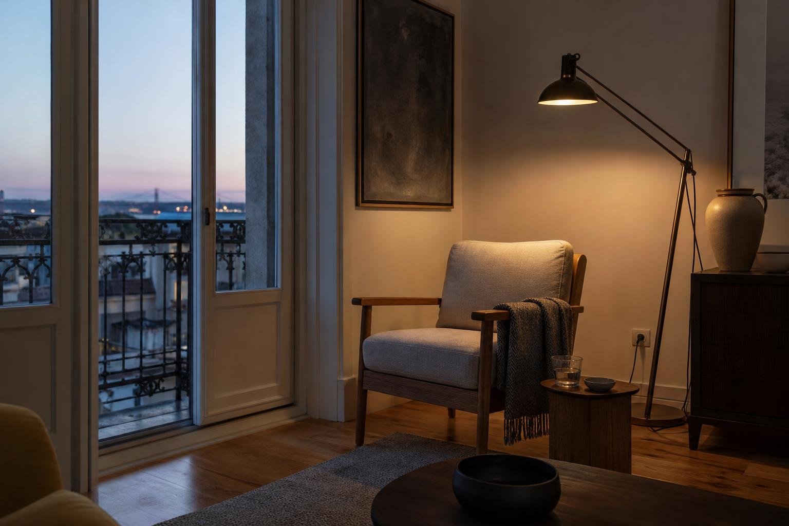 Reading armchair in a Lisbon apartment living room with a floor lamp and directed light