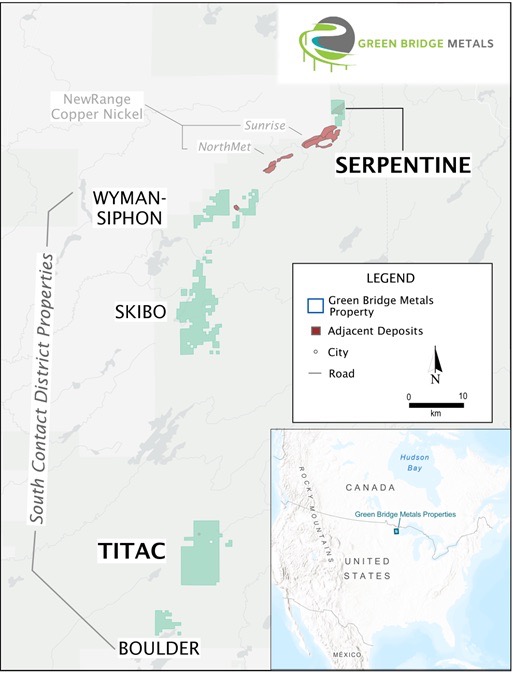Abbildung 1. Kartenansicht der Konzessionsgebiete von Green Bridge Metals (türkisfarbene Polygone) im Nordosten von Minnesota, USA. Serpentine grenzt an die Lagerstätte Sunrise von NewRange Copper Nickel.